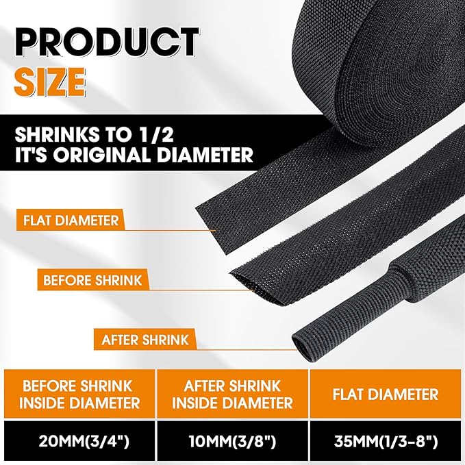 Black 2:1 Ratio Automotive Heat Shrink Braided Sleeving,Wear-Resistant Flat Woven Shrinkable Sleeve Fabric Car Cable Wires Hoses Protection (3/4"-66ft)