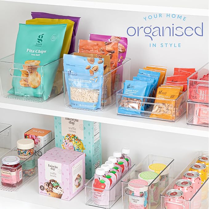primebox Plastic Food Storage 8 Pack Clear Container Bin with Handles for Organizing Kitchen, Pantry, Fridge, Freezer, Pantry,Bathroom. 10"x6"x5"