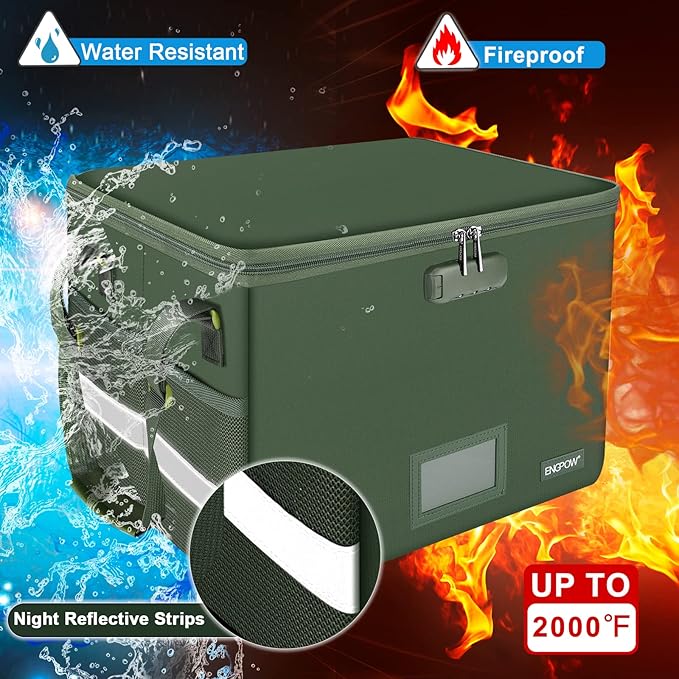 ENGPOW File Box with Lock, Fireproof Document Box with Zipper Lid, Collapsible File Storage Organizer Filing Cabinet with Handle, Portable Home Office Safe for Hanging Letter/Legal Folders, Green