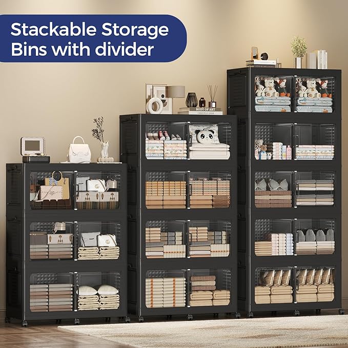 120GAL Storage Bins with Lid and Wheels, Stackable Closet Organizers and Storage Drawer, Collapsible Storage Box with Dividers, Foldable Plastic Cabinets for Room, Kitchen, 3 Pack Black