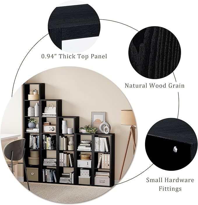 Cube Storage Organizer Bookcase, Decorative 11 inch Open Back Cubical Shelf with Thickened Border, Display Bookshelf for Living Room, Home Office, Sturdy Room (Black, 7 Cube)