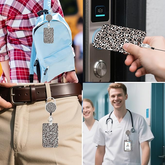 2 Pack Leopard Print ID Badge Holder with Heavy Duty Retractable Reel Keychain for WomenStudents,Teachers, Nurses, Office Use