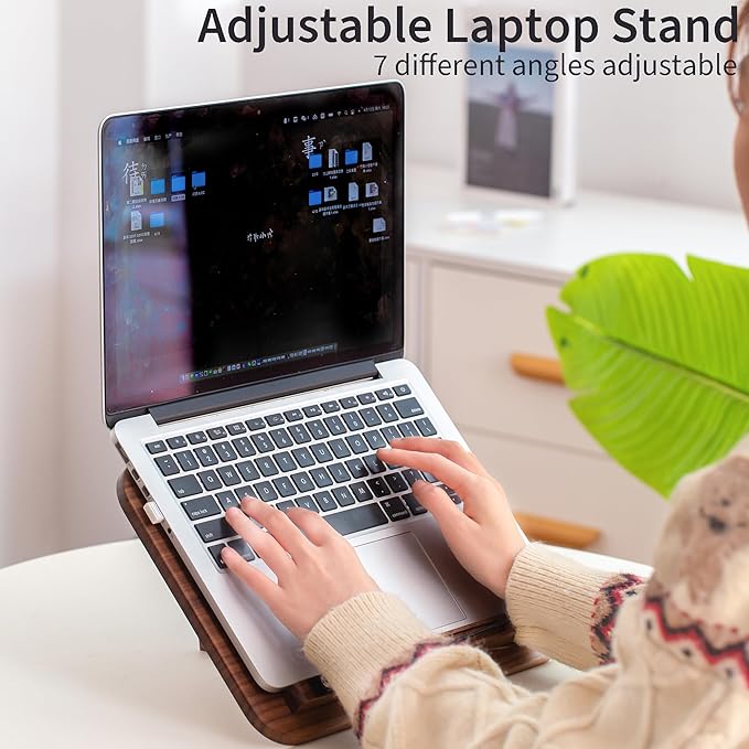 Portable Book Stand for Reading, Adjustable Wooden Laptop Stand. Foldable Desktop Stand for Cookbook, Fits All Books (Walnut, Chinoiserie Simple)