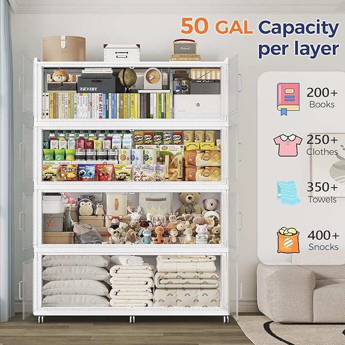 200 Gallon Extra Large Collapsible Storage Bin with Lid, 960QT Stackable Plastic Organizer with 6X Wheels, Foldable Drawer Cabinet for Closet, Living Room Office, Kitchen 4Pack, White