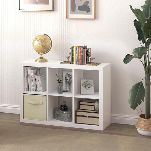 6 Cube Organizer, White Cube Storage Organizer with Fabric Bin, Cube Storage Shelf for Bedroom, Living Room, Office, Modular Bookshelf Organizer for Books, Closet