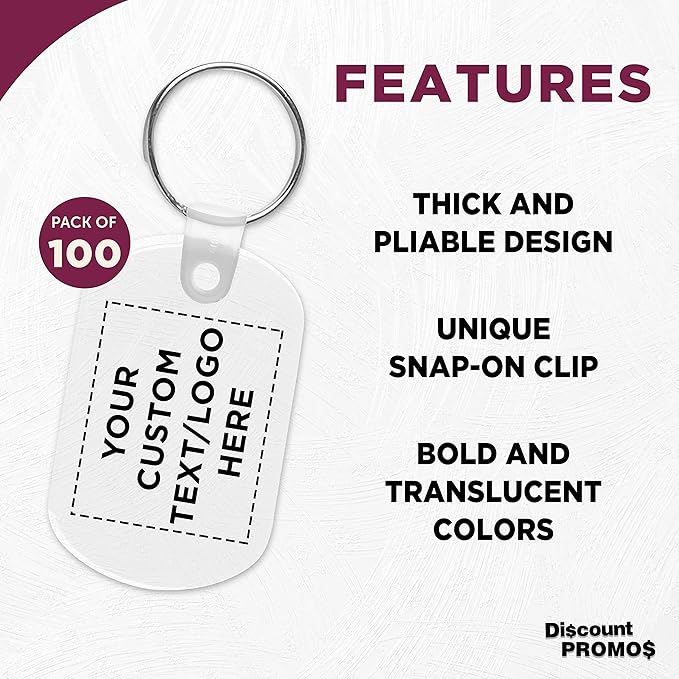 DISCOUNT PROMOS Tag Soft Plastic Keychains - 100 pack - Customizable Text, Logo - Small Key Tag Chain For Staying Organized - Rubber Key Ring Keychain – Clear