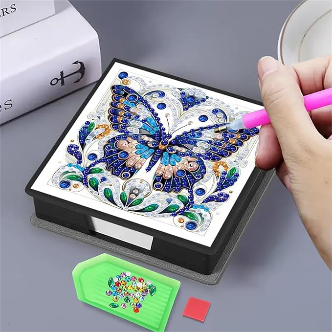 Butterfly Diamond Painting Kit Note Box,Memo Paper Storage Box Diamond Art,Sticky Note Holder Diamond Art,Diamond Painting Memo Pad For Office Desk. (Butterfly)