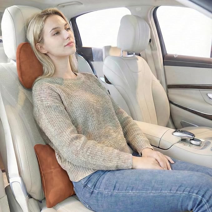 2PCS Car Pillow for Car Neck Pillow for Driving Seat Lumbar Support Soft Cushion with Extra Filling Accessories Back Support for Travel Nap and Trips Sleeping(Brown, Head and Lumbar)