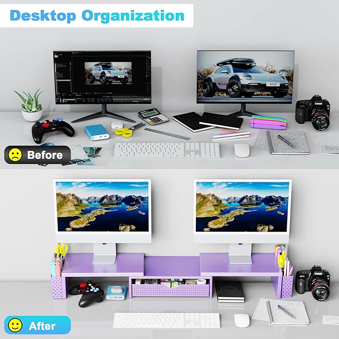 Spacrea Metal Desk Organizers and Accessories, Dual Monitor Stand Riser with Drawer and 2 Pen Holders, Desk Accessories & Workspace Desktop Organizers for Office Supplies (Purple)