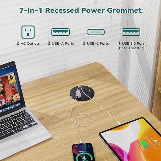 QBA Recessed Power Grommet with USB Data Transfer, Desk Charging Station with USB-C 35W，2 AC Outlets, 3 Inch Flush Mount Power Outlet for Home Office Furniture