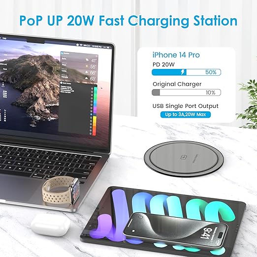 Pop Up Outlet with 15W Wireless Charger, 4 AC Outlets & PD 20W USB Fast Charging, 4.75 inch Desk Hole Power Grommet Connect 6FT Cord for Office, Conference, Kitchen Use(ETL & FCC Listed)