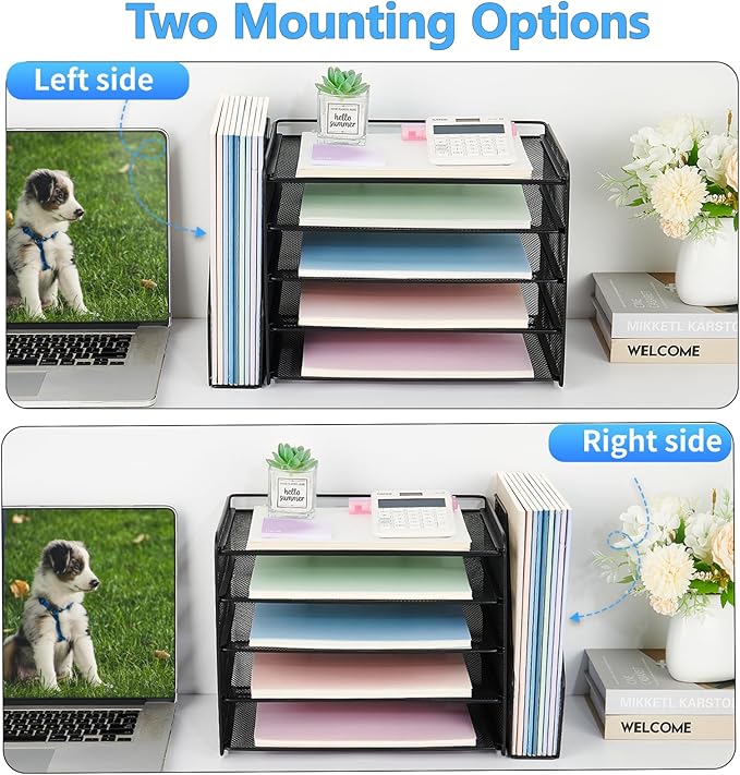 OPNICE Desk Organizer, 5-Tier Paper Organizer Letter Tray with Magazine Holder, Office Desk Accessories & Workspace Organizers, Desktop File Organizer for Office Supplies Storage, Black