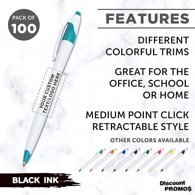 DISCOUNT PROMOS Custom Slim Curvy Ballpoint Pens Set of 100, Personalized Bulk Pack - Black Ink, Retractable, Great for Office, School, Tradeshows - Teal