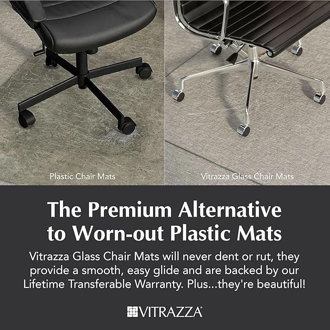 Vitrazza Glass Chair Mat 36” x 48” Superior ¼ Thick, Chiaro Standard Clear, Certified Tempered Safety Glass, Delivers a Smooth Glide, Protects Carpet or Wood, Beautiful in Home or Office
