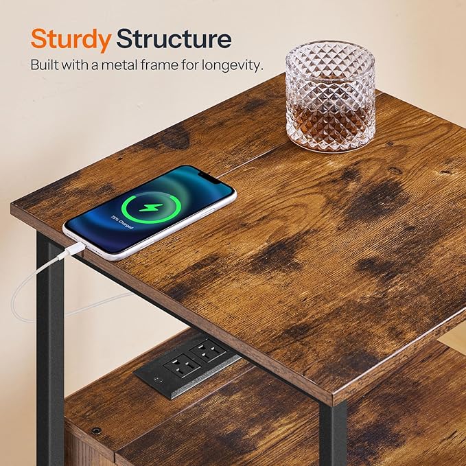 HOOBRO End Table Set of 2 with Charging Station, Bedside Table with 2 Drawer & USB Ports & Type-C Port, Nightstand for Small Spaces, Stable and Sturdy, for Living Room, Rustic Brown BF43UBZP201