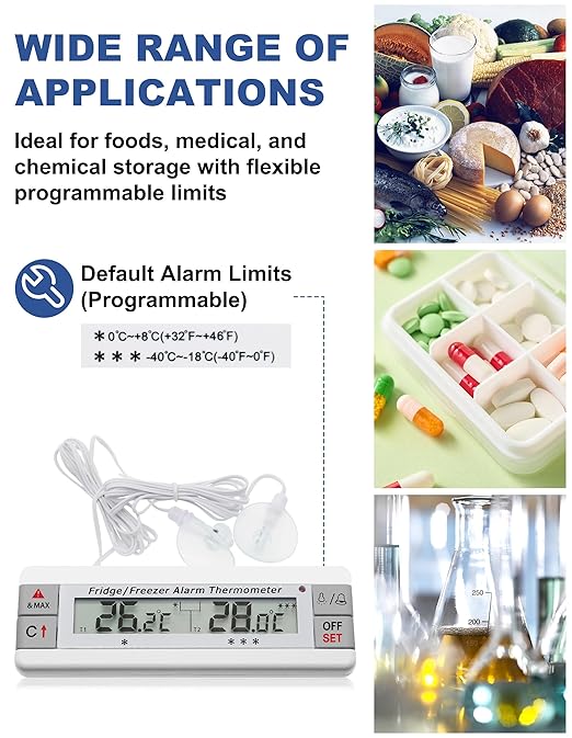 Digital Refrigerator Thermometer 2 Channel Freezer Thermometer with Alarm Sound Reminder Thermometer Fridge with Max/Min Temperature Record Freezer Alarm with Magnetic Back for Home Kitchen