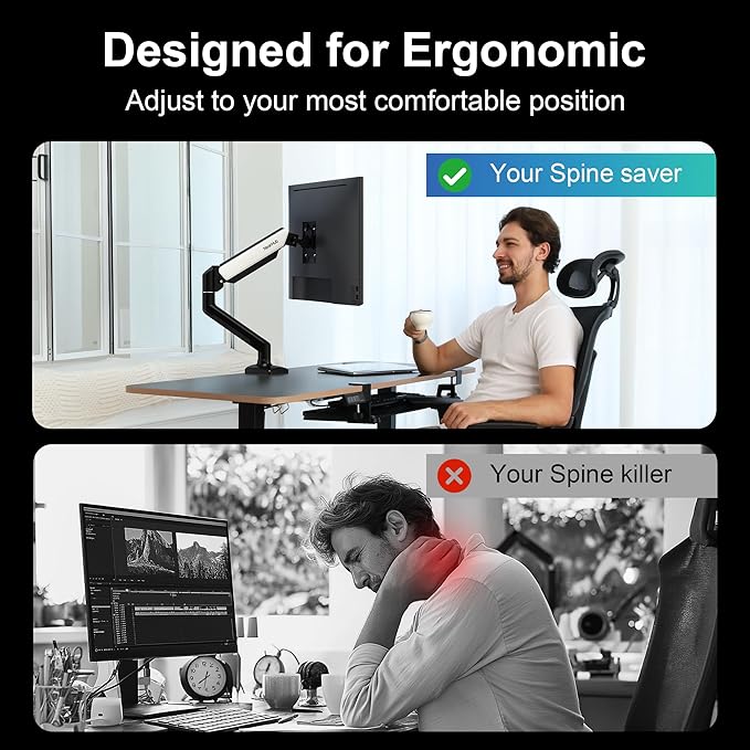 NearHub Single Monitor Mount,Each13-32 ” Up to 22 lbs Computer Screen,180° Swivel, Tilt +90° to -45°, 360°Rotation,Full Motion Adjust with C Clamp and Grommet Base,VESA Mount 75mmX75mm,100mmX100mm