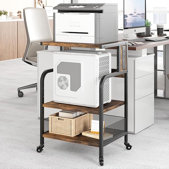 GarveeLife Printer Stand with Power Outlets, 3-Tier Rolling Printer Table with Lockable Wheels, Heavy Duty Printer Cart with Adjustable Shelves, Utility Storage Cart for Home, Office, Brown