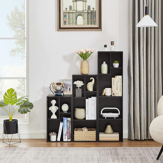 VECELO 3-Tier Small Bookcase, 4 Cube Bookshelf with Height Difference Shelves for Most Books, Modern Floor Standing Unit, Each Shelf Hold Up to 66 LBS for Living Room Bedroom, Vintage Black
