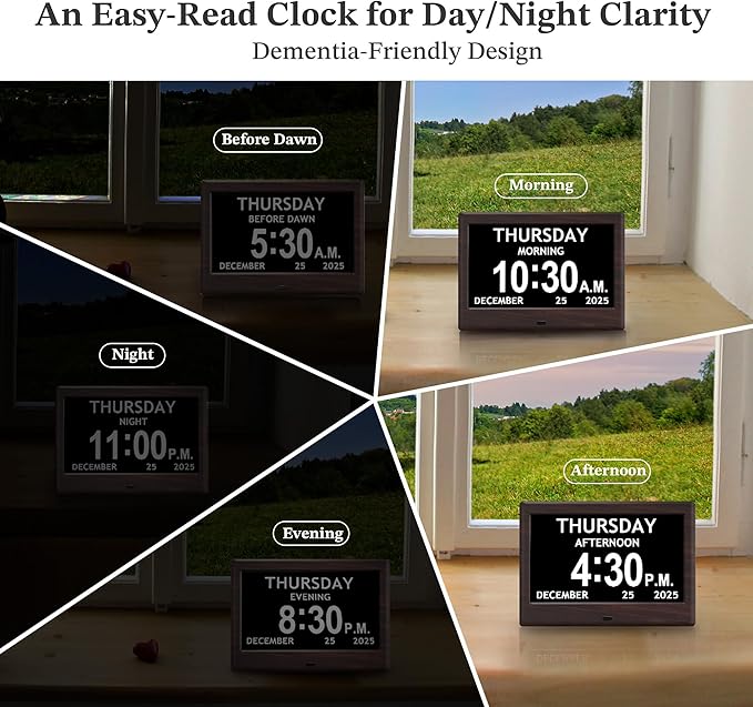7'' Dementia Clock For Seniors, Large Display Digital Clock With Date, Time, Day Of Week for Elderly, Alzheimer, 1024*600P HD, 10 Reminders & 6 Alarms, Auto Dimming & DST, Remote Control, Brown