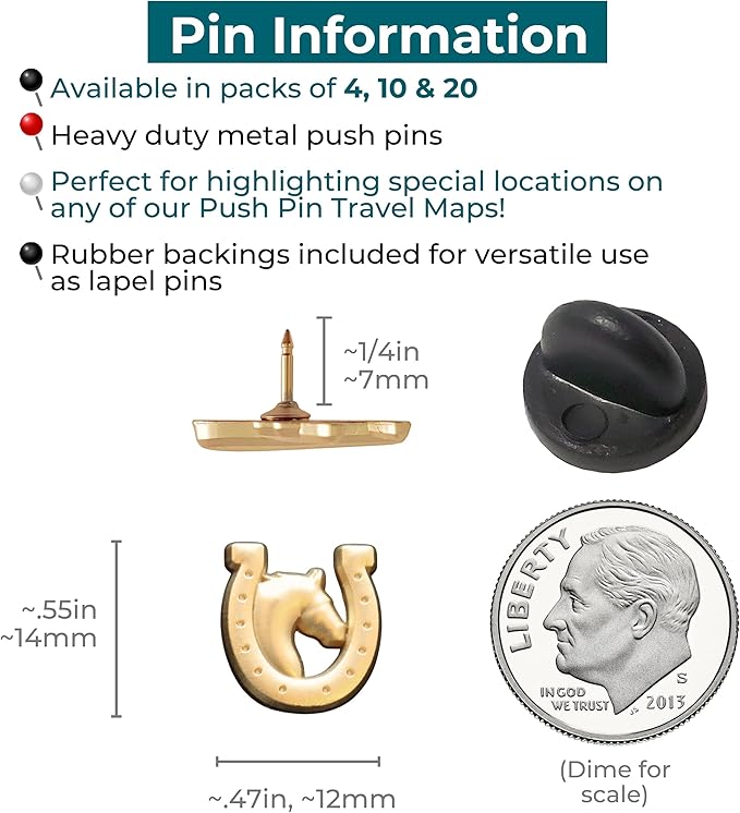 Horse and Horseshoe Pins - Gold Horse Map Pins for Cork Boards, Maps, or Lapel Use - Designed in USA - Set of 4