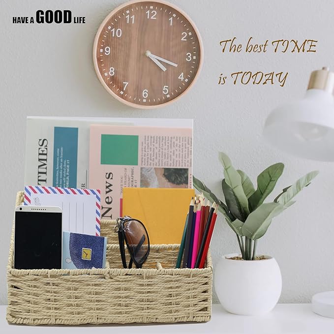 Rattan Mail Organizer - Countertop, Desk, Bills, Woven Basket, Magazine Holder, Mail Sorter, Hobo Organizer，Beige