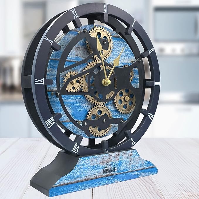 The Gears Clock Desk Clock 10 inches with Real Moving Gears Convertible into Wall Clock (Ocean Blue)
