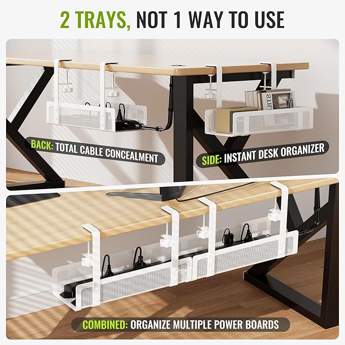 [Upgraded] 2 Pack Cable Management Under Desk Tray, Xpatee 27.6" No Drill Open Slots Cable Management Tray, Cord Wire Organizer Box with Clamp for Table Thickness up to 3" - No Desk Damage(White)