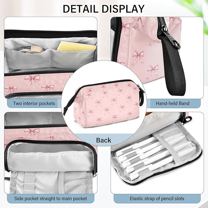 Ribbon Bow Pink Pencil Case Pouch Big Capacity Pencil Bag Box Organizer Pen Case with Compartmens Stationery Organizer for Girls School College