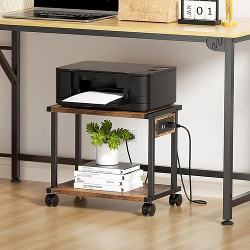 2-Tier Printer Table with Charging Station for Home Office Organization - Small Stand with Wheels for Scanner, Under or Beside Desk Storage Cart - Rustic Brown