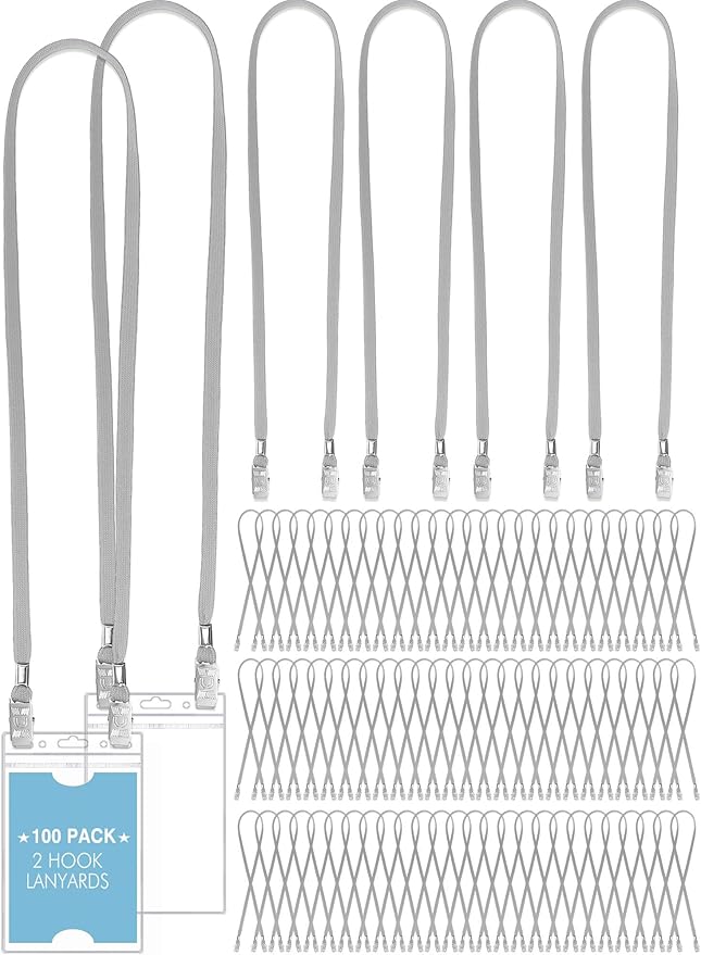 Patelai 100 Pack Double Clip Lanyards Bulk Face Mask Lanyard Twist Free 2 Hook Design Adjustable Badge Neck Strap for ID Name Badge Holder School Conference Office Class Essential (Grey)