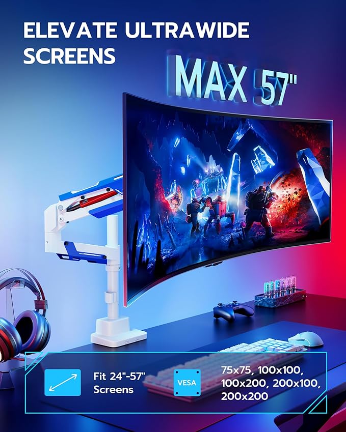 ARES WING CoreArm Single Monitor Mount, Ultrawide Monitor Arm for 24 to 57'' Heavy Duty Curved Screen, Adjustable Gas Spring Monitors Arm Stand up to 66LBS with 75/100/200 Vesa Mount, White