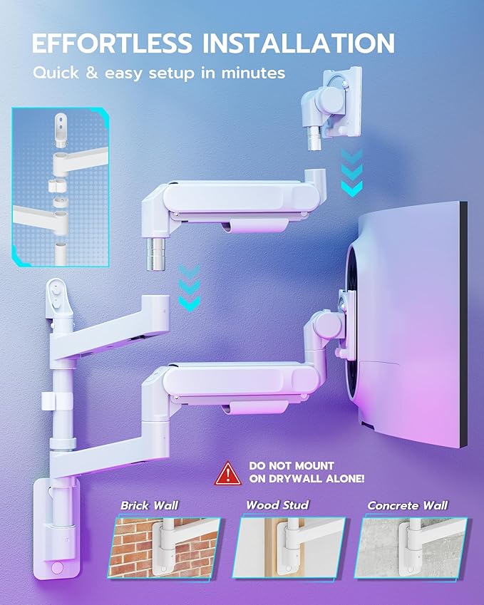 ARES WING Dual Monitor Wall Mount for 24-57 Inch Ultrawide Screens, Premium Heavy Duty Monitor Arm Holds 60 lbs, Full Motion Gas Spring, Bearing Head for Easy Adjustment, 75/100 VESA Mount, White