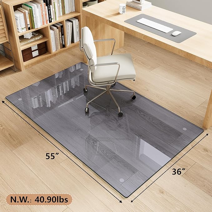 Tempered Glass Gray Chair Mat for Carpet & Hard Floor, 36"x55" Office Chair Mat - Heavy Duty & Scratch Resistant, Non-Slip Pads, Rounded Corners & Polished Edges