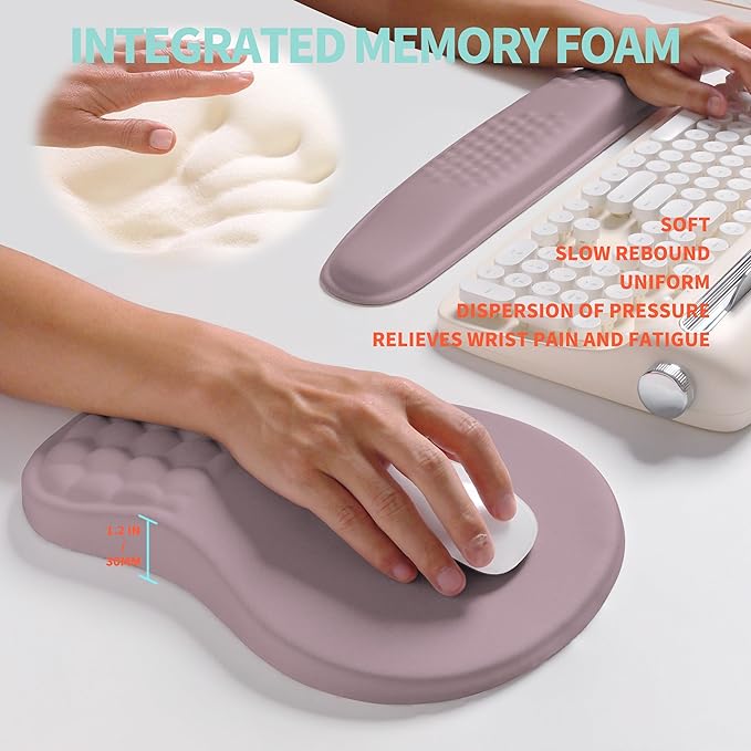2-in-1 Ergonomic Set, Wave Rise Keyboard Wrist Rest and Massage Bulge Slope Mouse Pad Wrist Support, Cushion Memory Foam Integrated to Relieve Wrist Pain, Purple