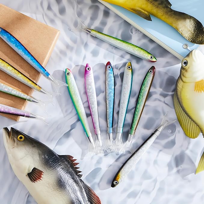 Outus 12 Pieces Fish Pens Fishing Birthday Party Favors Decoration Writing Ballpoint Pens for Office Valentine Day Chinese New Year Gifts (Glittery)