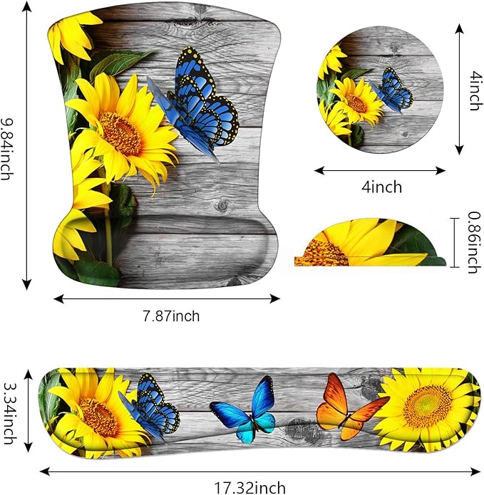 Keyboard Wrist Rest and Mouse Pad Wrist Support Set with Coasters, Non-Slip PU Base Ergonomic Gaming Mousepad for Home Office Working Studying Easy Typing & Pain Relief - Sunflower and Butterfly