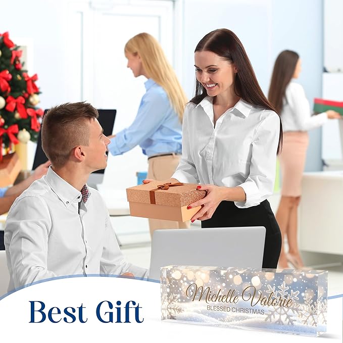 Custom Desk Name Plate Personalized, Acrylic Name Plates for Desk, Office Decor Personalized Gifts for Teacher Coworkers Boss Nurse Christmas Snowflakes