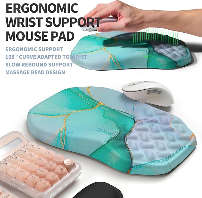 2-in-1 Ergonomic Set, Wave Keyboard Wrist Rest and Massage Slope Mouse Pad Wrist Support, Rebound Memory Foam for Relieve Carpal Tunnel Syndrome and Wrist Pain (Green Gold Marble)