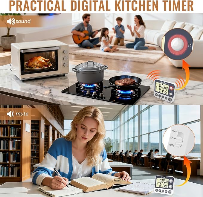 Digital Dual Kitchen Timer with Magnetic Back & Memory Presets, 2 Groups Countdown/Up Stopwatch Timer, 3-Level Volume + LED Alert, On/Off, 100Hr Max for Cooking, Baking (Battery Included)