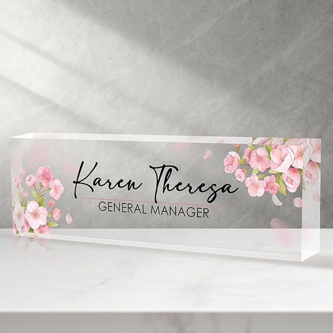 Custom Office Name Plate, Personalized Gifts for Women & Men, Appreciation Gifts for Employees, Office Desk Accessory (Pink Flower)