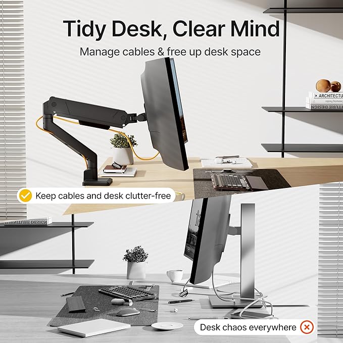 monTEK Single Monitor Arm for Max 45 Inch Ultrawide Screens Adjustable Monitor Desk Mount Holds 35 Lbs Cable Management with Clamp/Grommet Desk Mount, VESA 75/100mm, MA1007BK