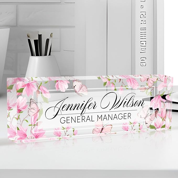 Personalized Acrylic Desk Name Plate - Custom Employee Appreciation Gifts - Office Gifts for Women, Men, Boss, Coworkers, Teacher, Nurse (Pink Flower Butterfly)