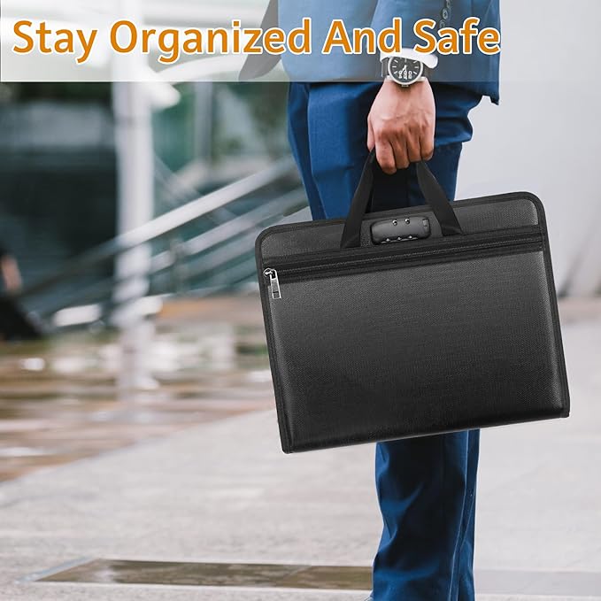 File Organizer Fireproof Expanding Accordion File Folder with Lock Zipper Labels13 Pockets Document Organizer Holder Storage Box Bag for Business Office Receipt Home Travel