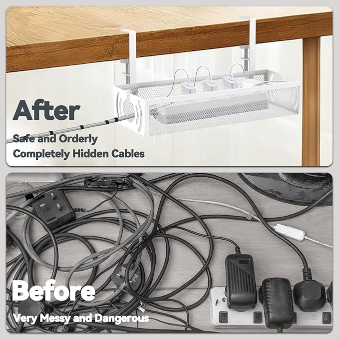 Cable Management, 15'' Under Desk Cable Management Tray No Drill, Metal Cable Organizer with Clamp for Wire Management, Cord Organizer for Home Office, Desk Accessories Organizer, White