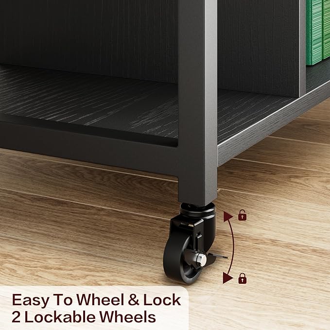 GarveeLife Small Printer Stand with Power Outlets, Rolling Printer Table with Lockable Wheels, Under Desk Printer Cart with Storage, Utility Storage Cart for Home, Office, Black
