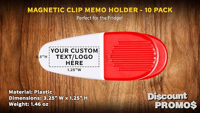 10 Magnetic Memo Holders Set - Customizable Text, Logo - Large Clip, Plastic - White Red