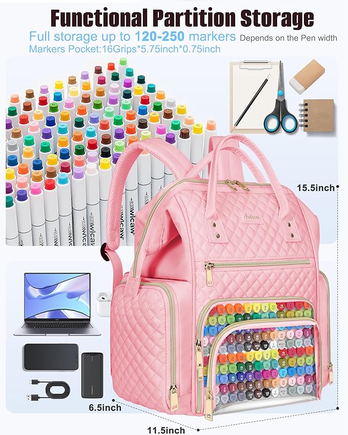 Marker Organizer Case Bag, Large Markers Storage Backpack with USB Port for Artists, Illustrators, Creatives, Pen Travel Holder Case Bag for Art Creativity Craft Supply, Pink