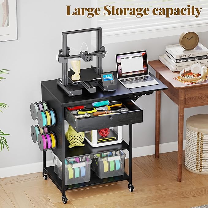 3D Printer Stand with 40pcs Filament Storage,4 Tier 3D Printer Table Printer Stand with Wheels, Heavy Duty Filament Storage Rack with Drawers and Spool Hooks for Studio, Home Office