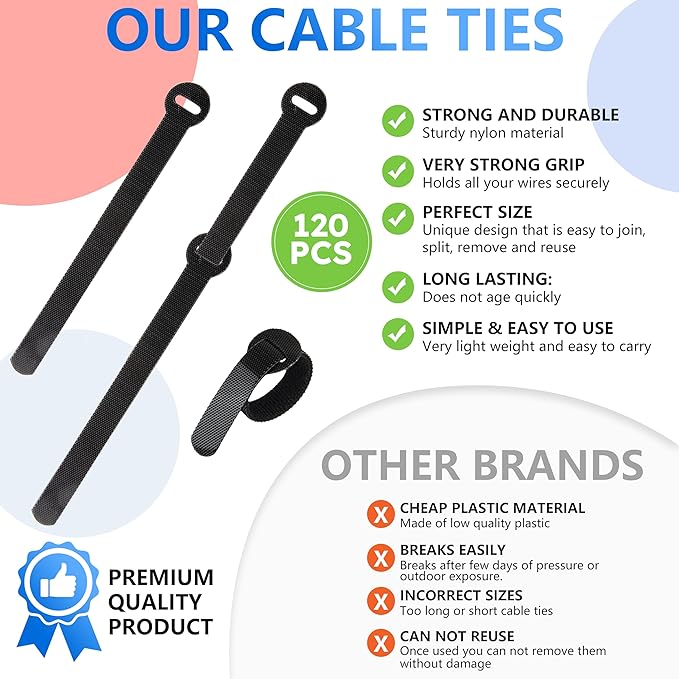 120 PCS 5/6/8 Inch Cord Wraps for Charging Cords – Data Cable Organizer Ties – Reusable Cable Ties – Electrical Wire Straps, Black